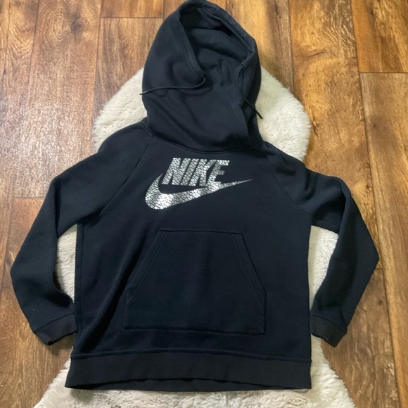Nike Tech Funnel Neck Hooded Sweatshirt Silver Printed‎ Logo Womens Small - Picture 1 of 9